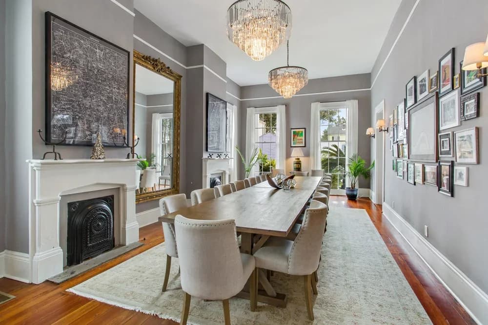 Dining room with chandelier and long table at The Mazant