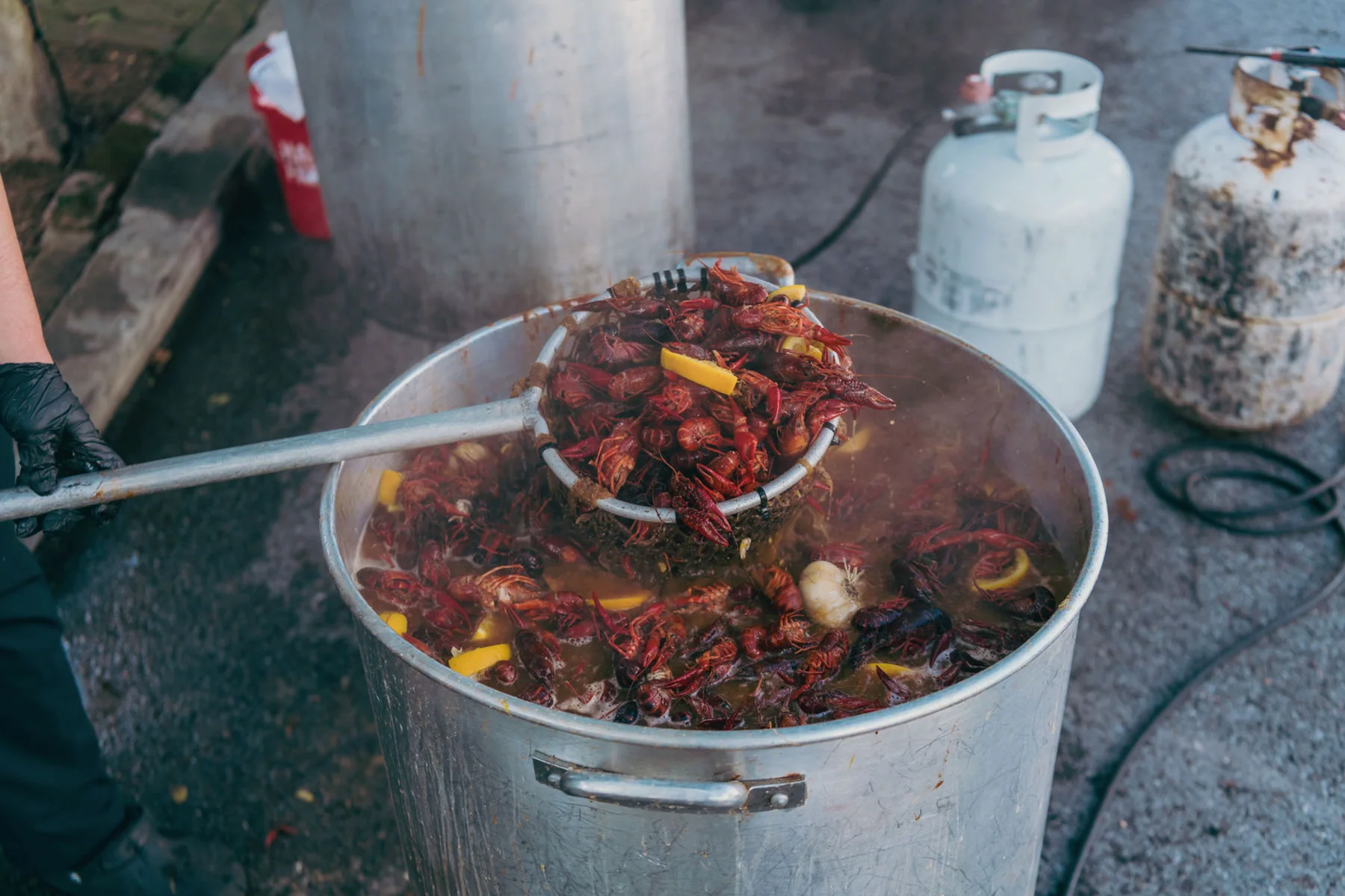 Crawfish boil being prepared outdoors